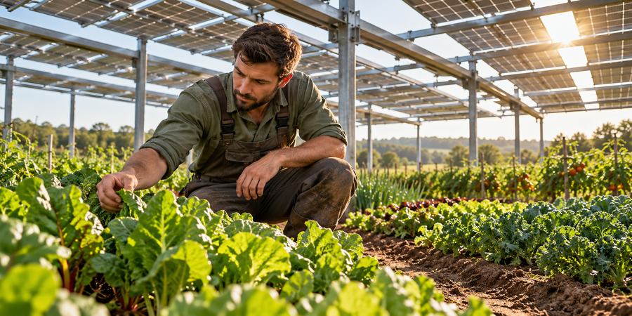 Un agriculteur examine des cultures maraîchères sous des panneaux solaires.
